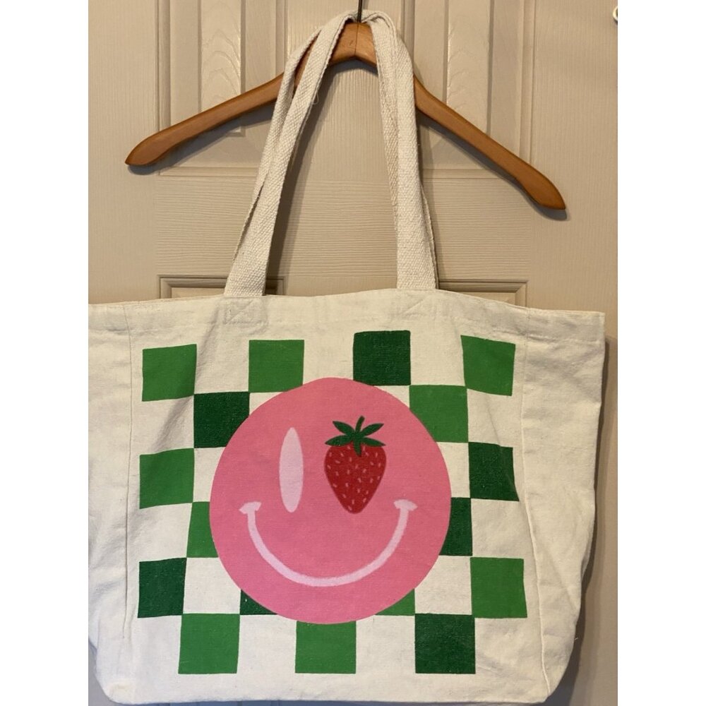 Green White Checker Board Canvas Tote Bag 16x15x6 Pink Smiley Face - Picture 3 of 8